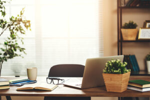 Schreibtisch mit Laptop, Pflanze, Kaffeetasse, Stift und Brille.